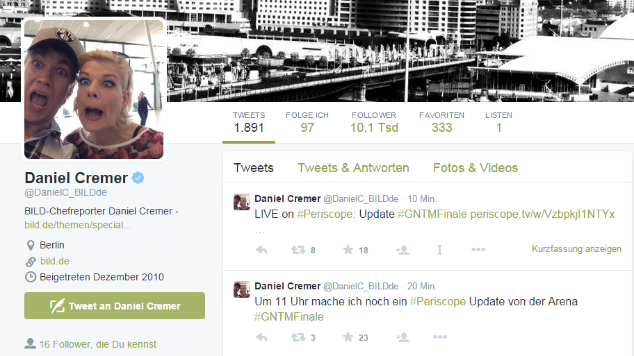 Screenshot Twitter-Profil von Daniel Cremer am Tag nach der Bombendrohung bei #GNTM